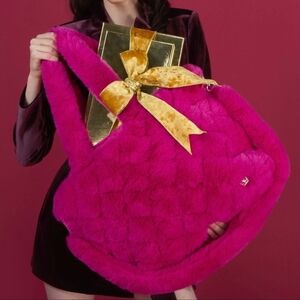 OLIVER THOMAS: Vegan Fluffy Fur Raspberry Tote & Matching Clip-on Interior Pouch